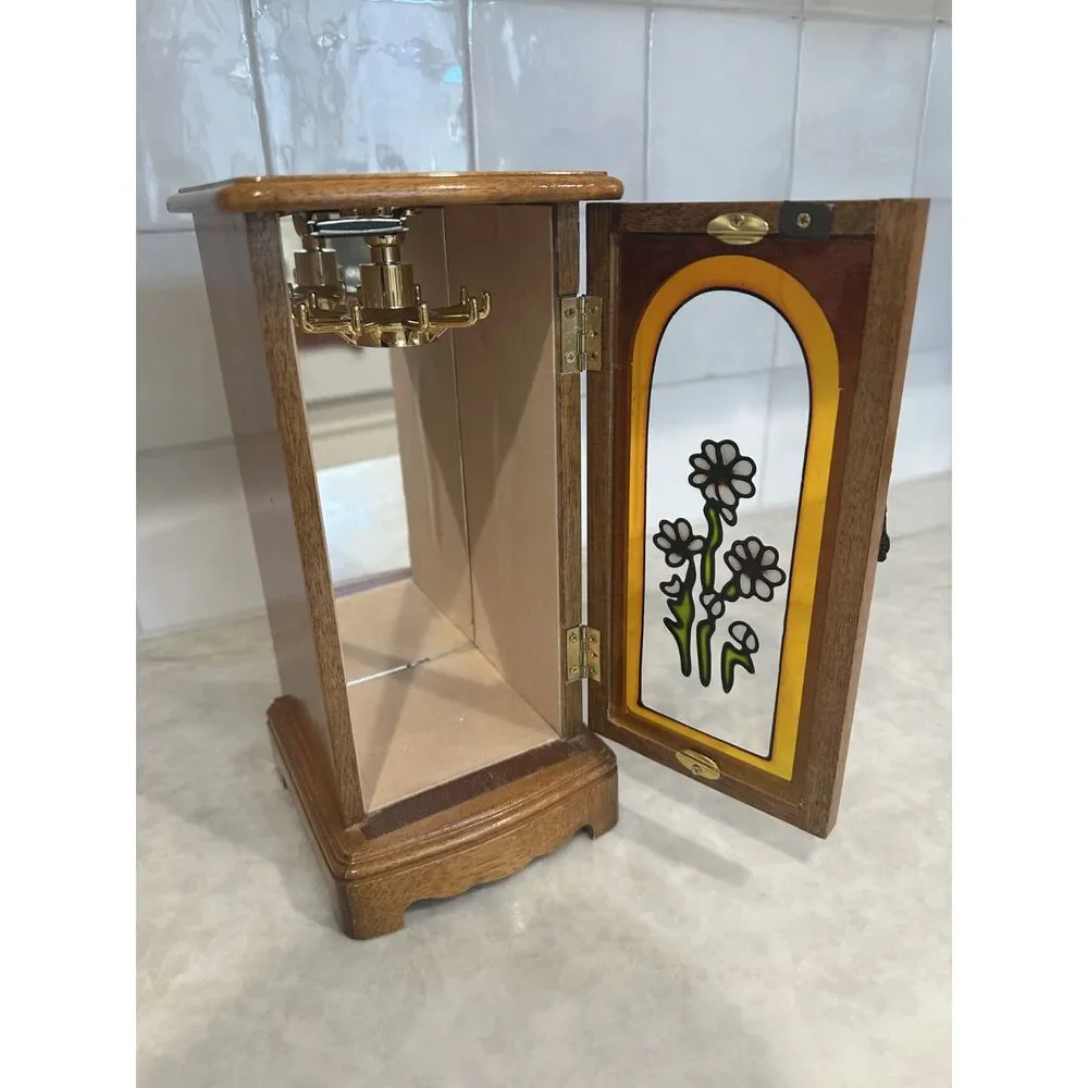 Vintage Wooden Jewelry Cabinet with Clear Floral Door, Mirror, & Necklace Hanger